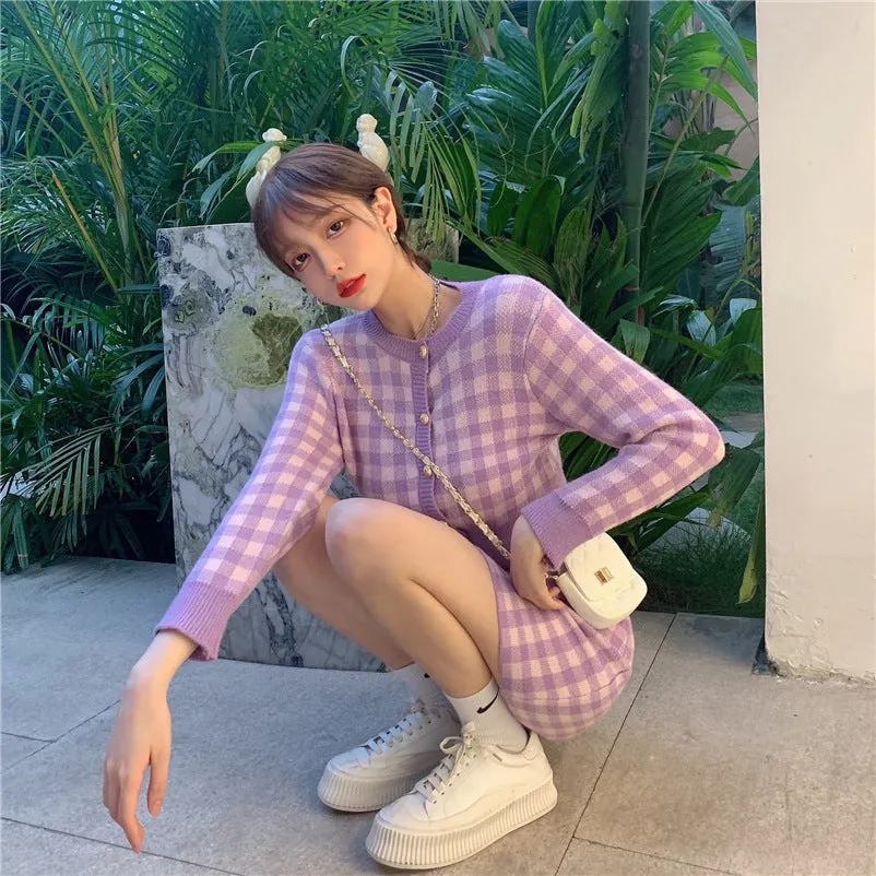 2022 Kawaii 3 pc set long sleeved sweater crop jacket cardigan Hip Wrap Skirt plaid camisole knitted suit