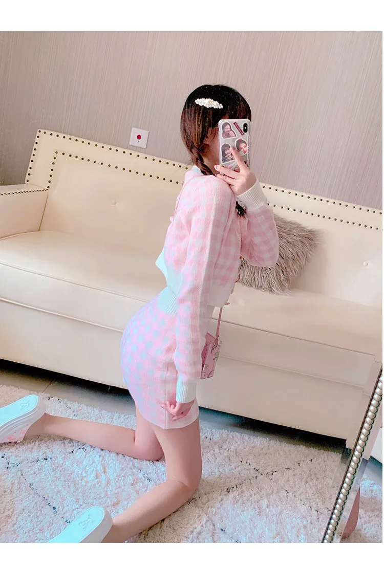 2022 Kawaii 3 pc set long sleeved sweater crop jacket cardigan Hip Wrap Skirt plaid camisole knitted suit