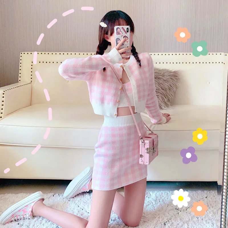 2022 Kawaii 3 pc set long sleeved sweater crop jacket cardigan Hip Wrap Skirt plaid camisole knitted suit