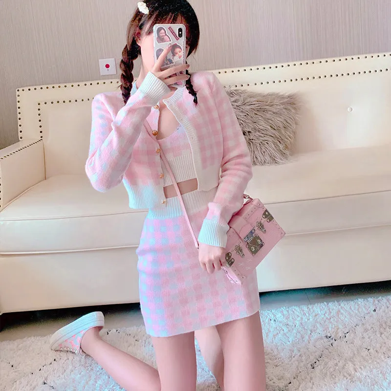 2022 Kawaii 3 pc set long sleeved sweater crop jacket cardigan Hip Wrap Skirt plaid camisole knitted suit