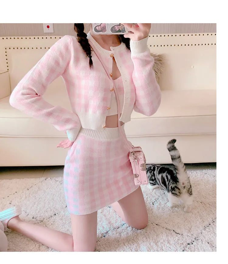 2022 Kawaii 3 pc set long sleeved sweater crop jacket cardigan Hip Wrap Skirt plaid camisole knitted suit