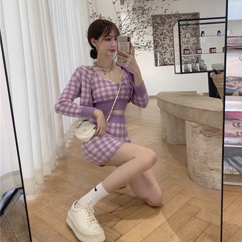 2022 Kawaii 3 pc set long sleeved sweater crop jacket cardigan Hip Wrap Skirt plaid camisole knitted suit