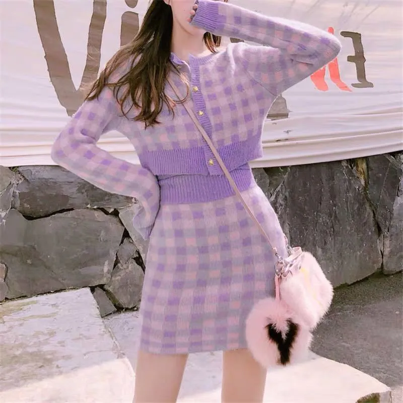 2022 Kawaii 3 pc set long sleeved sweater crop jacket cardigan Hip Wrap Skirt plaid camisole knitted suit