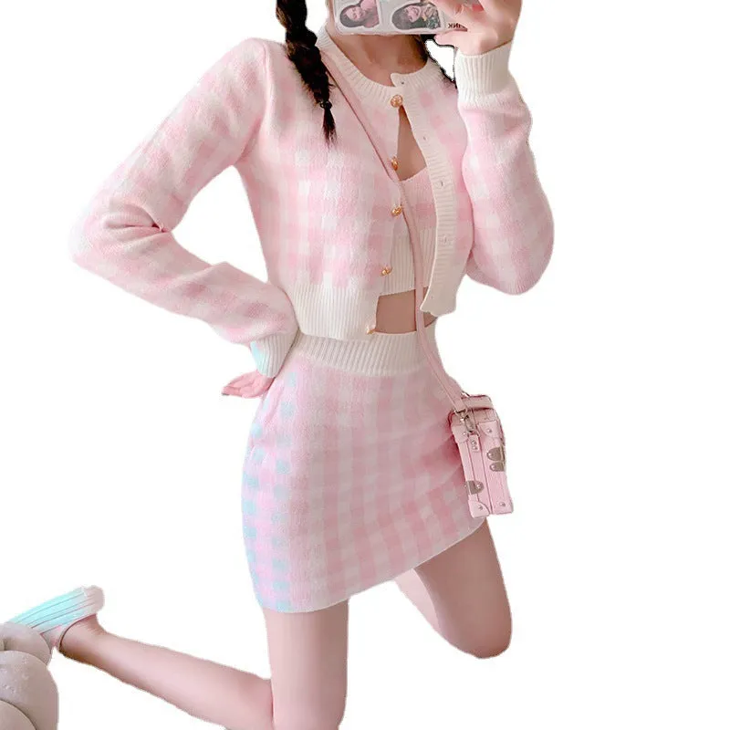 2022 Kawaii 3 pc set long sleeved sweater crop jacket cardigan Hip Wrap Skirt plaid camisole knitted suit