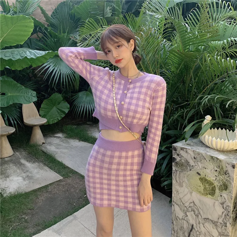 2022 Kawaii 3 pc set long sleeved sweater crop jacket cardigan Hip Wrap Skirt plaid camisole knitted suit