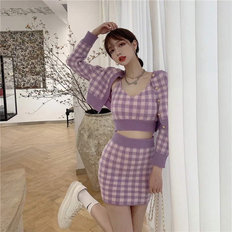 2022 Kawaii 3 pc set long sleeved sweater crop jacket cardigan Hip Wrap Skirt plaid camisole knitted suit