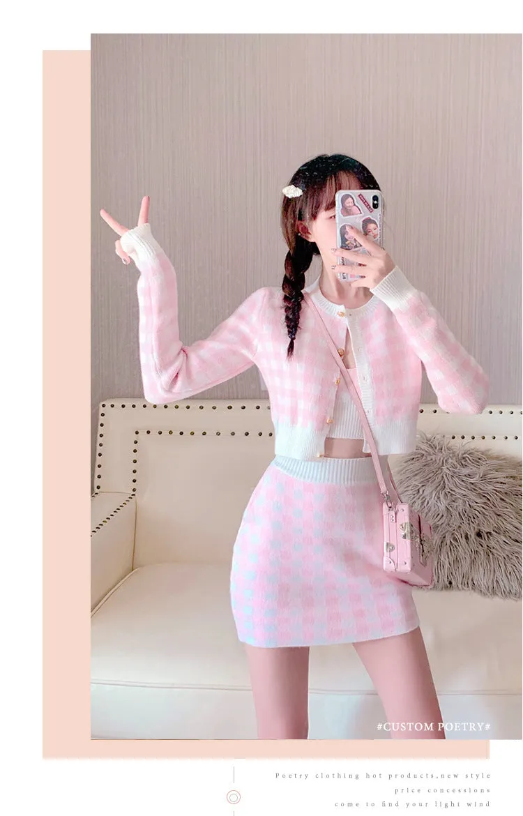 2022 Kawaii 3 pc set long sleeved sweater crop jacket cardigan Hip Wrap Skirt plaid camisole knitted suit