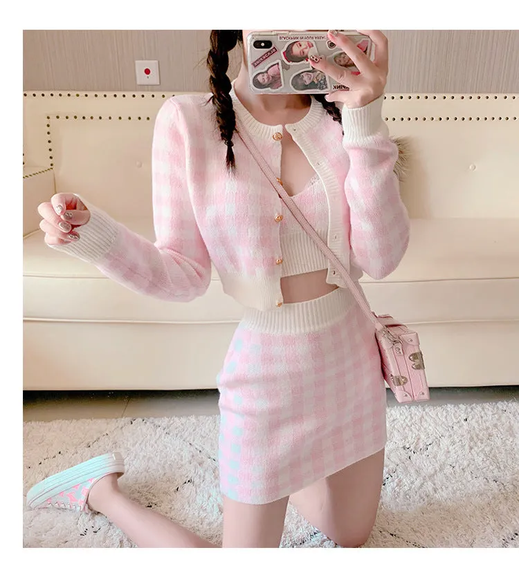 2022 Kawaii 3 pc set long sleeved sweater crop jacket cardigan Hip Wrap Skirt plaid camisole knitted suit