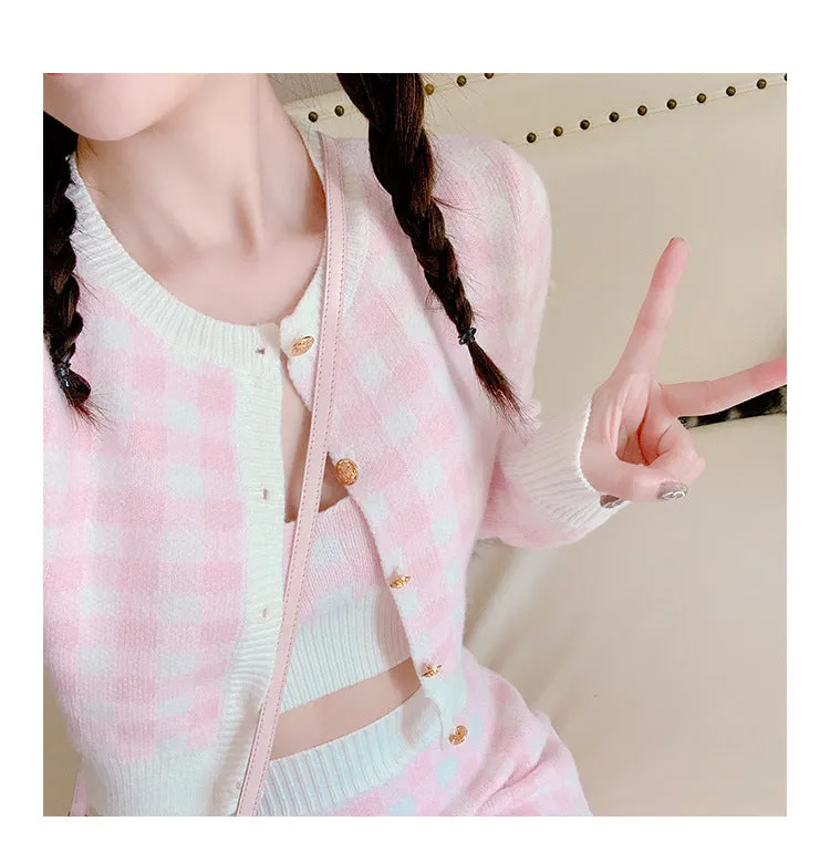 2022 Kawaii 3 pc set long sleeved sweater crop jacket cardigan Hip Wrap Skirt plaid camisole knitted suit