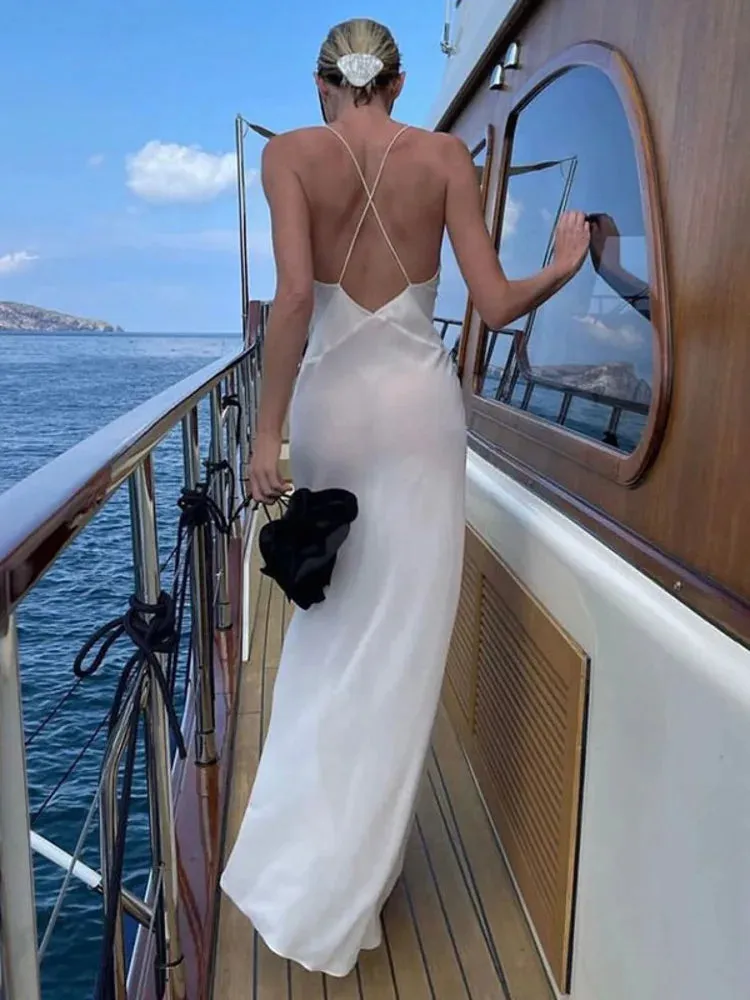 Amozae-A Deep V Neck Tie Flower Backless Maxi Dress Women New Spaghetti Strap Sleeveless Long Dress Elegant Sexy Club Slipdress