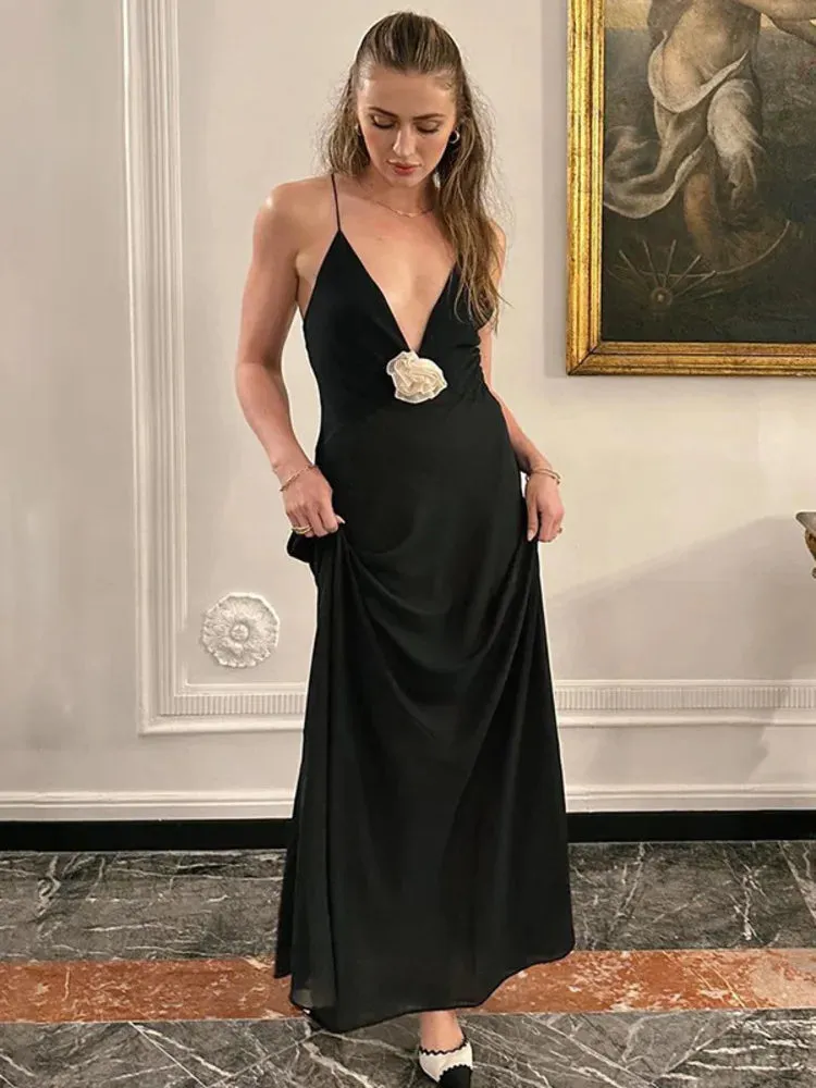 Amozae-A Deep V Neck Tie Flower Backless Maxi Dress Women New Spaghetti Strap Sleeveless Long Dress Elegant Sexy Club Slipdress