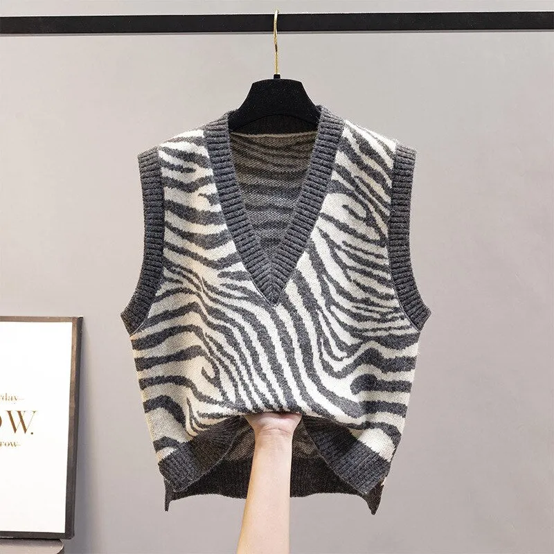 Autumn Women's Sweater Vest V-neck Sleeveless Irregular Casual Loose Knitted Pullover Tops Female Outerwear