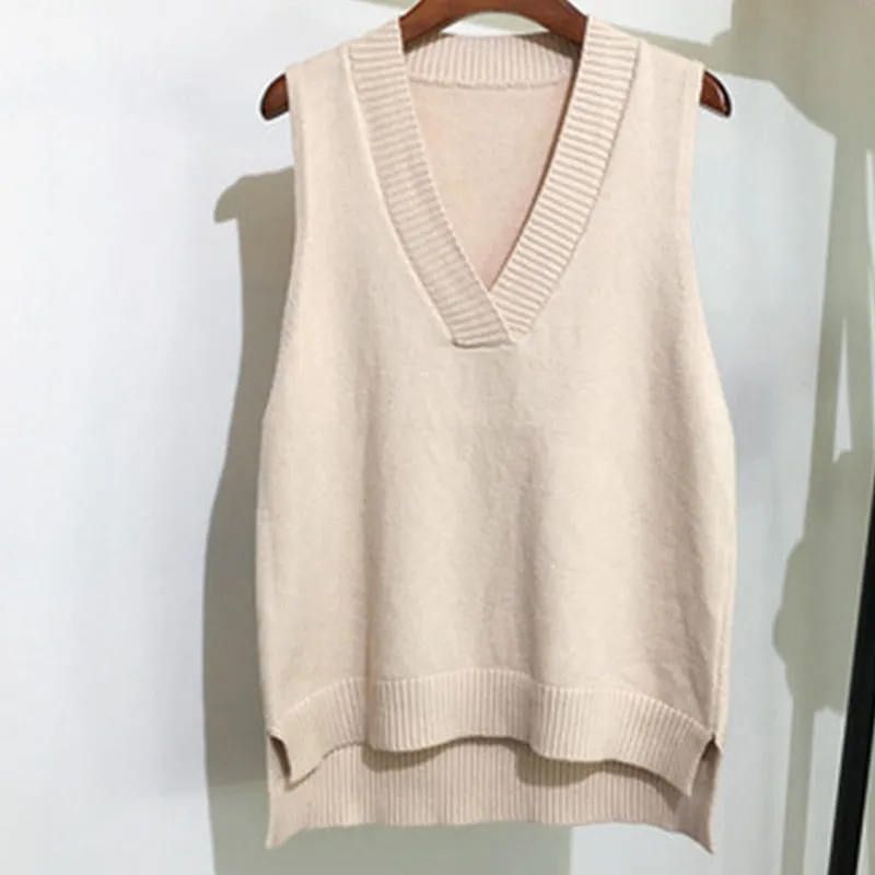 Autumn Women's Sweater Vest V-neck Sleeveless Irregular Casual Loose Knitted Pullover Tops Female Outerwear