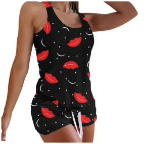 Black 2 Piece Ladies Casual Shorts Vest Pajamas Set