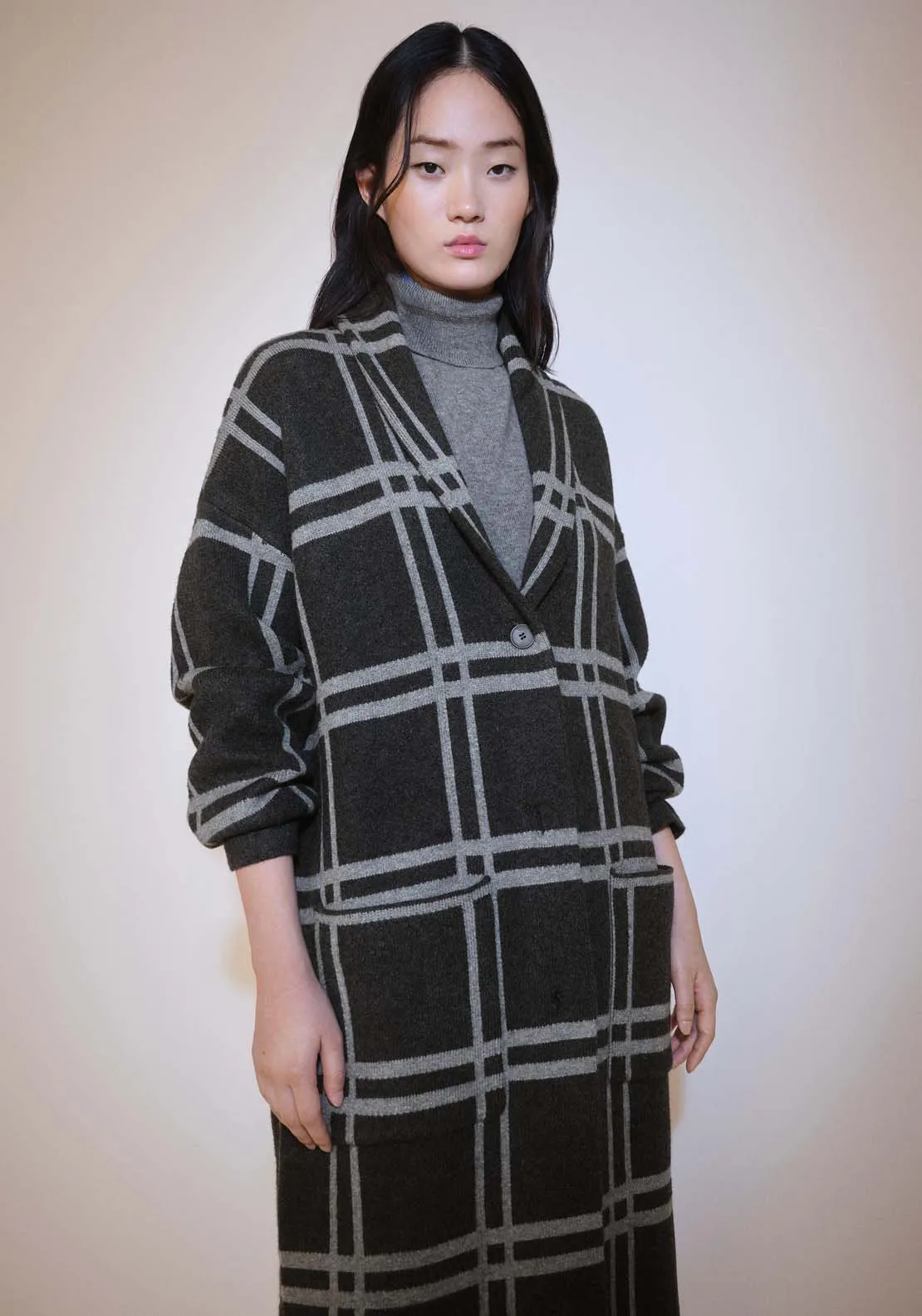 Checked coat with one button - Charcoal