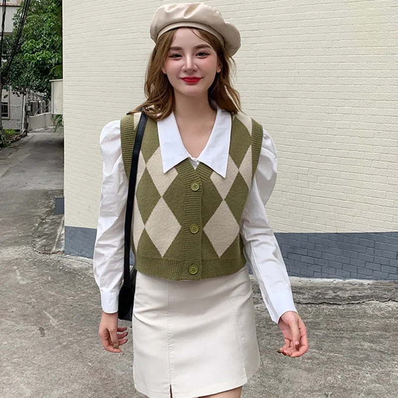 Checkerboard Plaid Sweater Vest For Women Vintage Print Knitted Mini Vest Casual Streetwear Harajuku Clothing Autumn Top