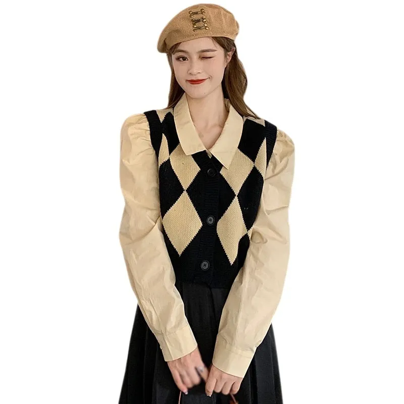 Checkerboard Plaid Sweater Vest For Women Vintage Print Knitted Mini Vest Casual Streetwear Harajuku Clothing Autumn Top