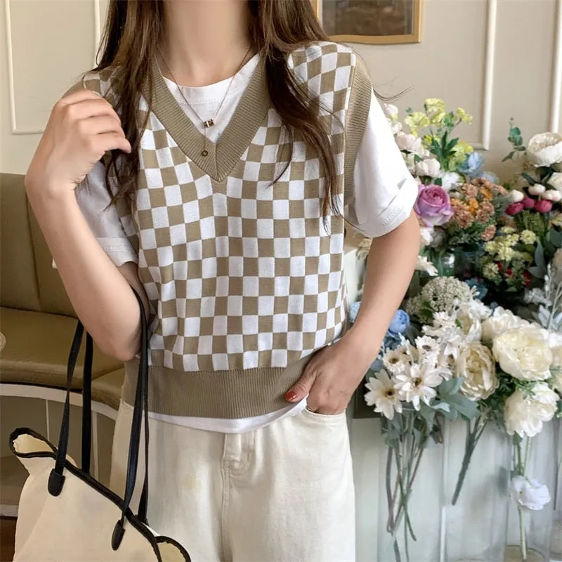 Checkerboard Plaid Sweater Vest For Women Vintage Print Knitted Mini Vest Casual Streetwear Harajuku Clothing Autumn Top