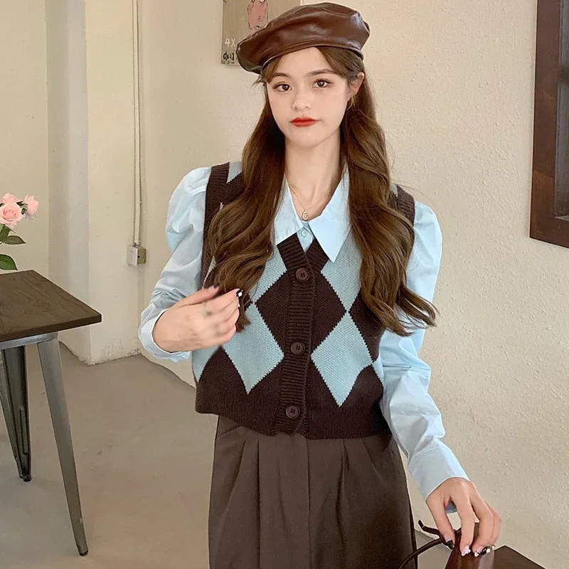 Checkerboard Plaid Sweater Vest For Women Vintage Print Knitted Mini Vest Casual Streetwear Harajuku Clothing Autumn Top