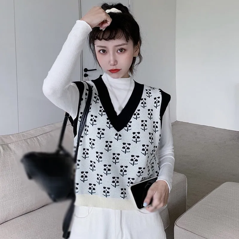 Checkerboard Plaid Sweater Vest For Women Vintage Print Knitted Mini Vest Casual Streetwear Harajuku Clothing Autumn Top