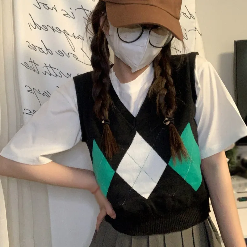 Checkerboard Plaid Sweater Vest For Women Vintage Print Knitted Mini Vest Casual Streetwear Harajuku Clothing Autumn Top