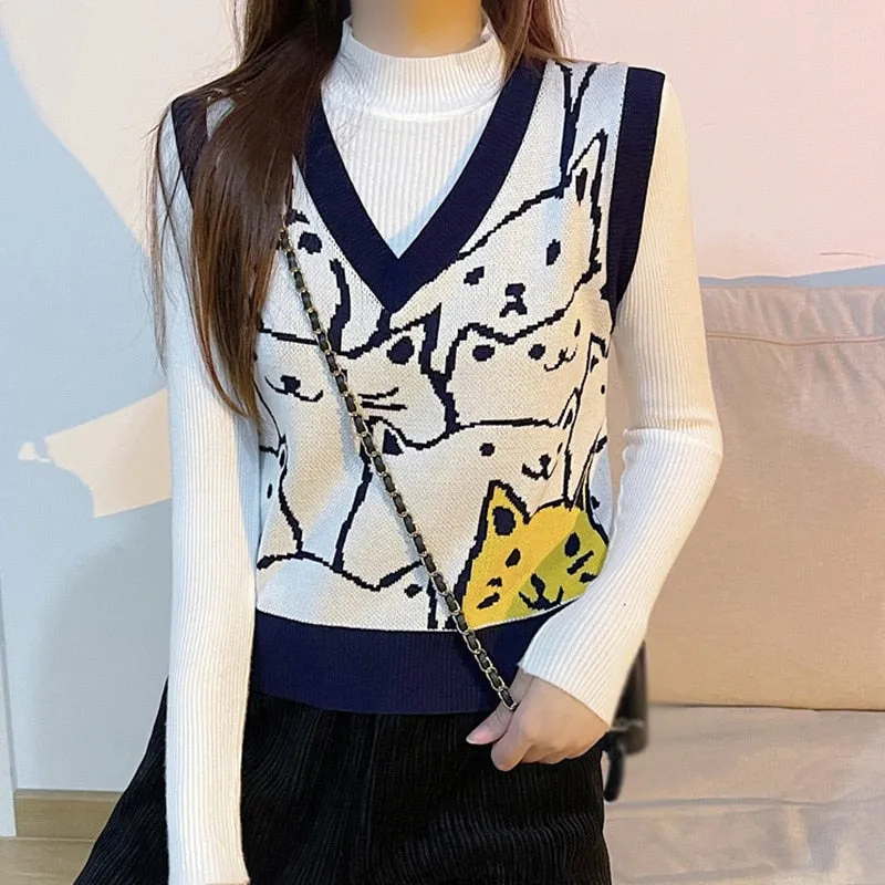 Checkerboard Plaid Sweater Vest For Women Vintage Print Knitted Mini Vest Casual Streetwear Harajuku Clothing Autumn Top