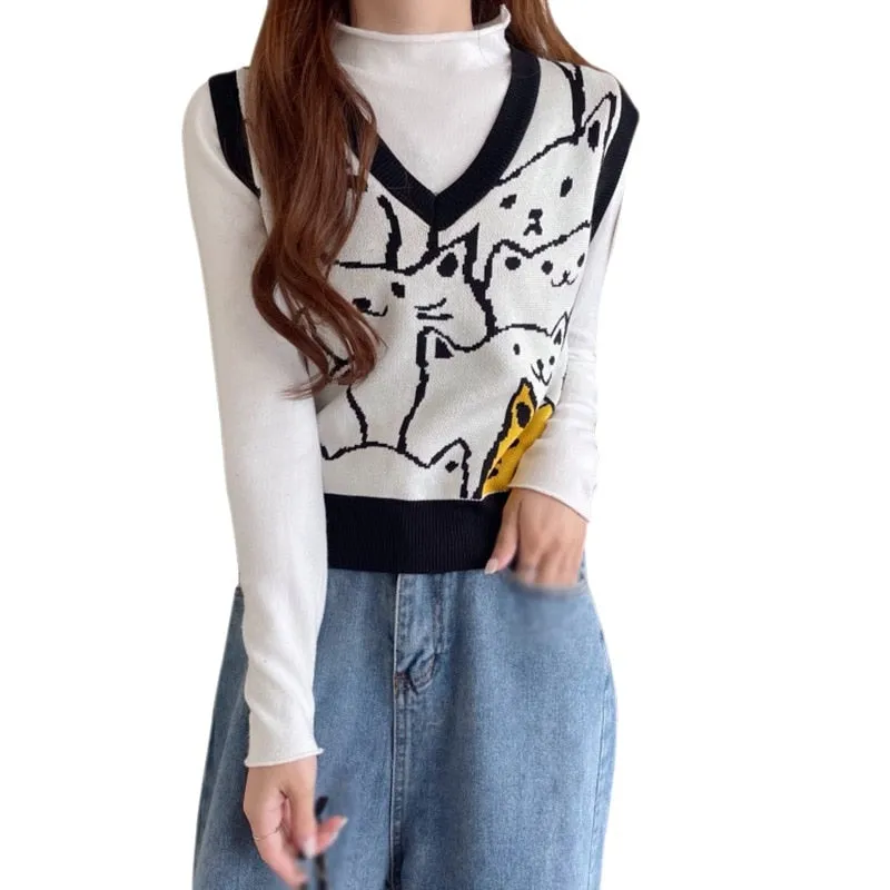 Checkerboard Plaid Sweater Vest For Women Vintage Print Knitted Mini Vest Casual Streetwear Harajuku Clothing Autumn Top