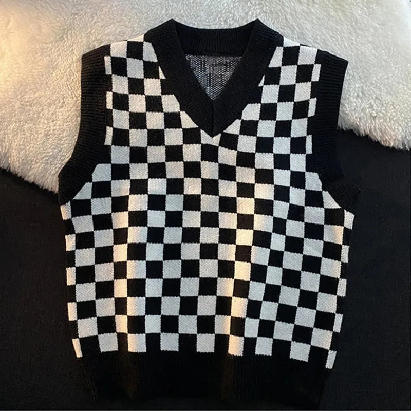Checkerboard Plaid Sweater Vest For Women Vintage Print Knitted Mini Vest Casual Streetwear Harajuku Clothing Autumn Top