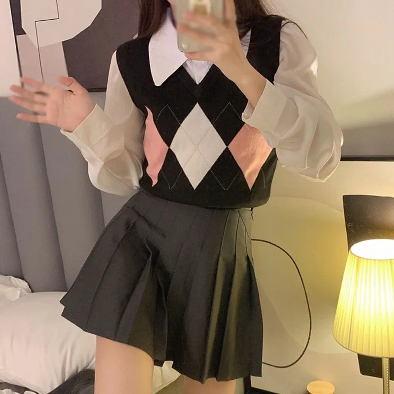 Checkerboard Plaid Sweater Vest For Women Vintage Print Knitted Mini Vest Casual Streetwear Harajuku Clothing Autumn Top