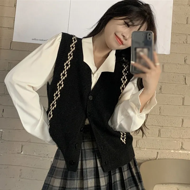 Checkerboard Plaid Sweater Vest For Women Vintage Print Knitted Mini Vest Casual Streetwear Harajuku Clothing Autumn Top