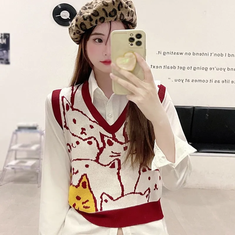 Checkerboard Plaid Sweater Vest For Women Vintage Print Knitted Mini Vest Casual Streetwear Harajuku Clothing Autumn Top
