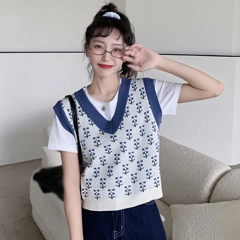 Checkerboard Plaid Sweater Vest For Women Vintage Print Knitted Mini Vest Casual Streetwear Harajuku Clothing Autumn Top
