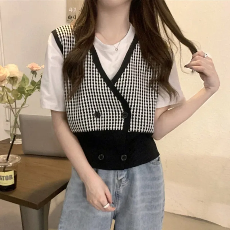 Checkerboard Plaid Sweater Vest For Women Vintage Print Knitted Mini Vest Casual Streetwear Harajuku Clothing Autumn Top