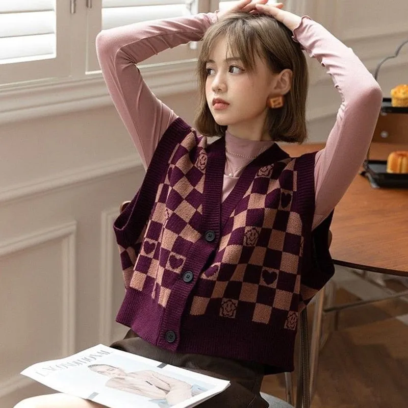 Checkerboard Plaid Sweater Vest For Women Vintage Print Knitted Mini Vest Casual Streetwear Harajuku Clothing Autumn Top