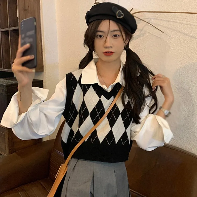 Checkerboard Plaid Sweater Vest For Women Vintage Print Knitted Mini Vest Casual Streetwear Harajuku Clothing Autumn Top
