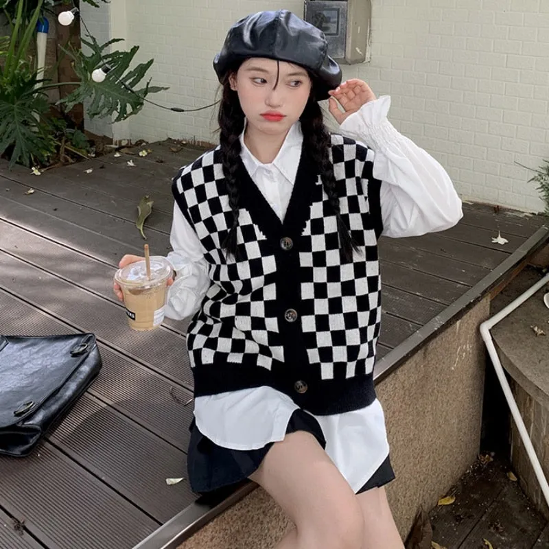 Checkerboard Plaid Sweater Vest For Women Vintage Print Knitted Mini Vest Casual Streetwear Harajuku Clothing Autumn Top