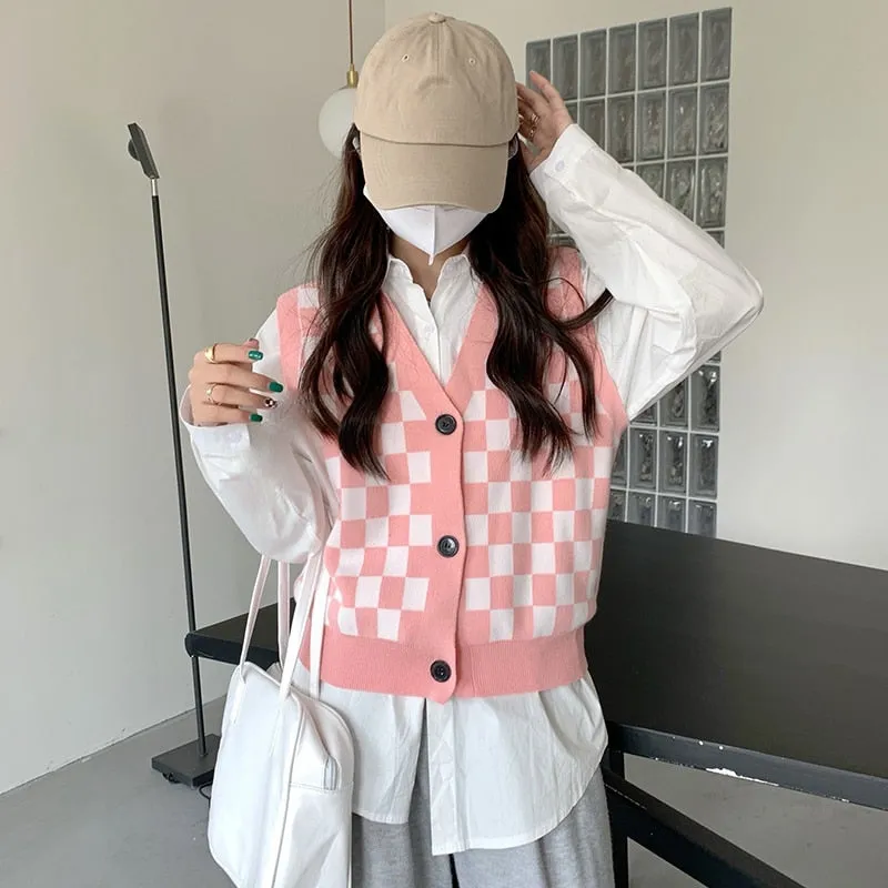 Checkerboard Plaid Sweater Vest For Women Vintage Print Knitted Mini Vest Casual Streetwear Harajuku Clothing Autumn Top
