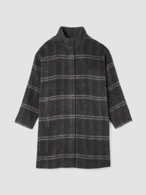 Eileen Fisher Luxe Alpaca Windowpane High Collar Knee Length Coat in Charcoal