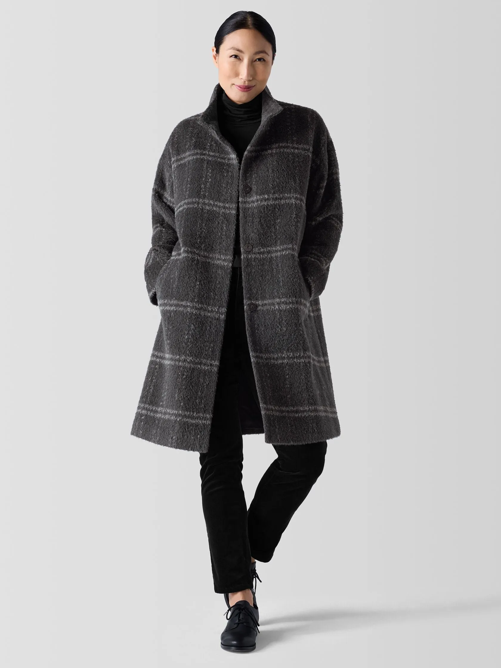 Eileen Fisher Luxe Alpaca Windowpane High Collar Knee Length Coat in Charcoal