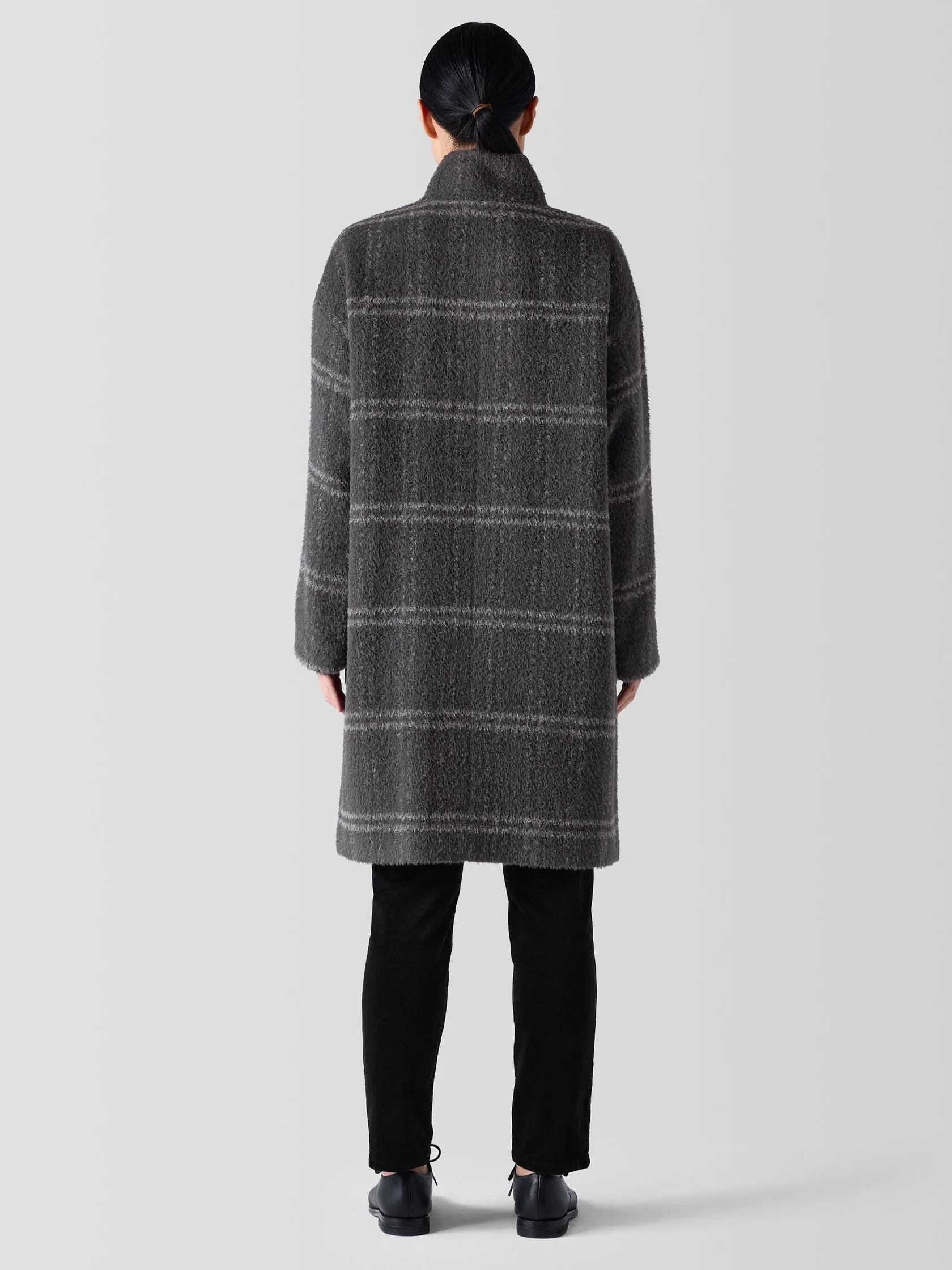 Eileen Fisher Luxe Alpaca Windowpane High Collar Knee Length Coat in Charcoal