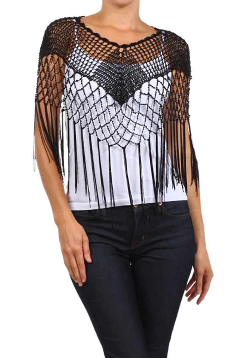 Fashion Secrets Women`s Crochet Knit Fringed Asymmetric Evening Dress`s Shrug Bolero Cape Poncho (Black)