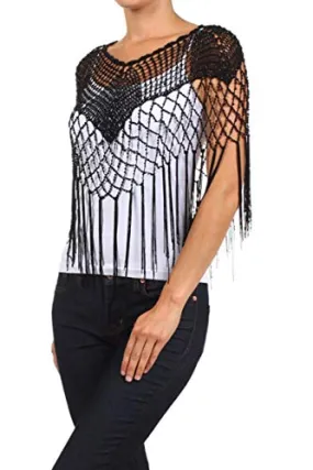 Fashion Secrets Women`s Crochet Knit Fringed Asymmetric Evening Dress`s Shrug Bolero Cape Poncho (Black)