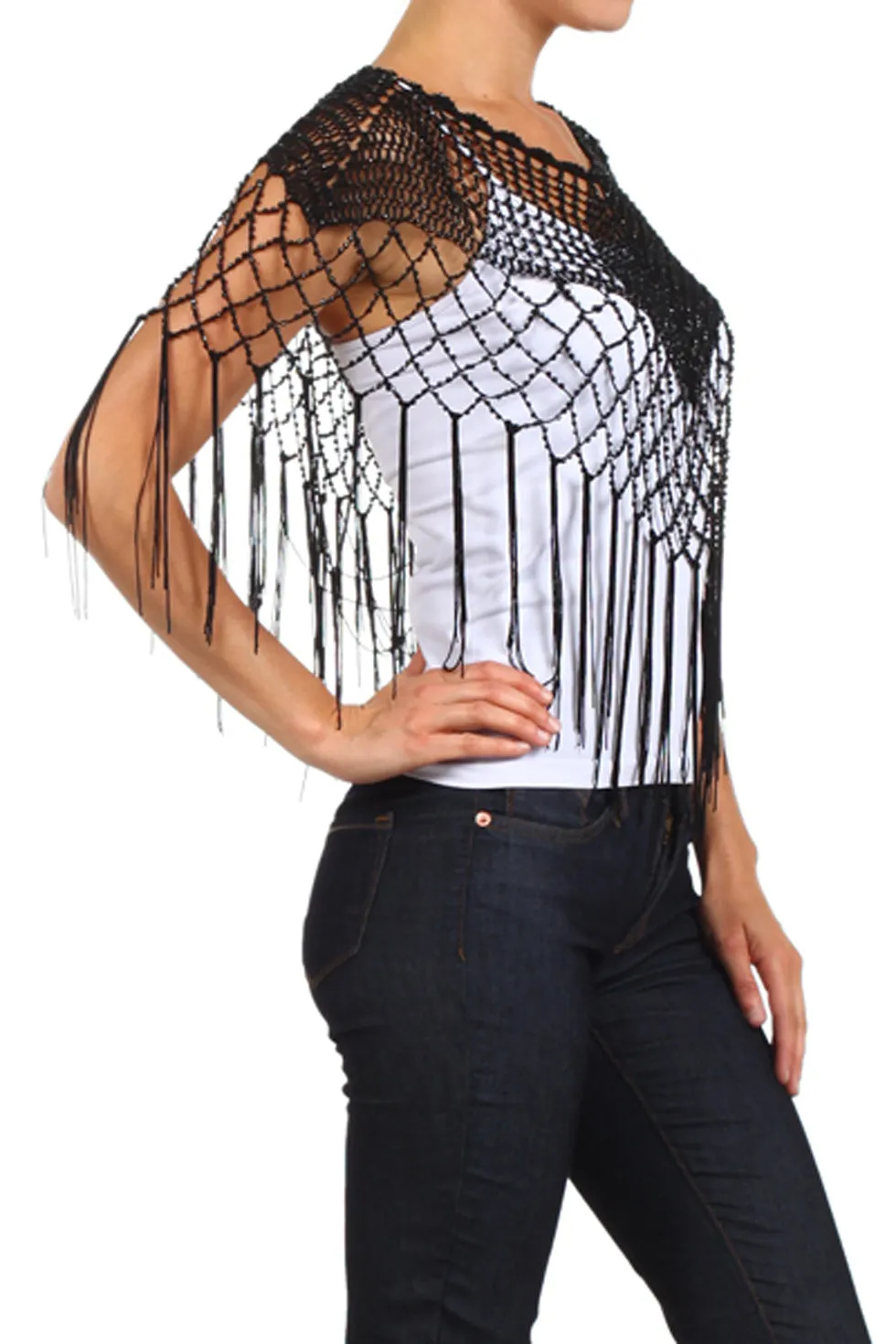 Fashion Secrets Women`s Crochet Knit Fringed Asymmetric Evening Dress`s Shrug Bolero Cape Poncho (Black)