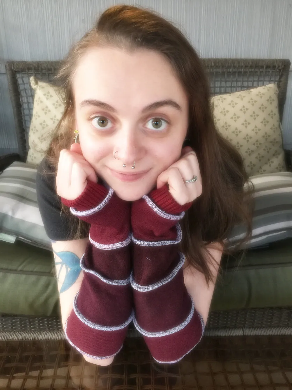 Katwise inspired needle-felted maroon wool upcycled sweater arm warmers-1313