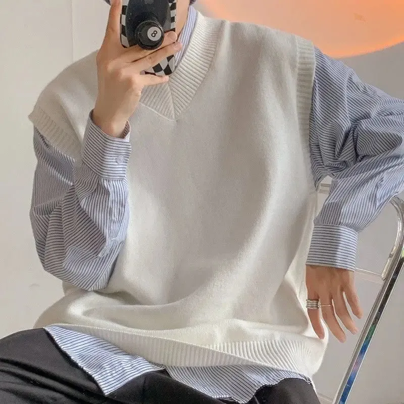 New Korean Fashion V-neck Sweater Vest for Men Casual Loose Knitted Vest Pullover Sleeveless Solid Color Sweater Vest Men