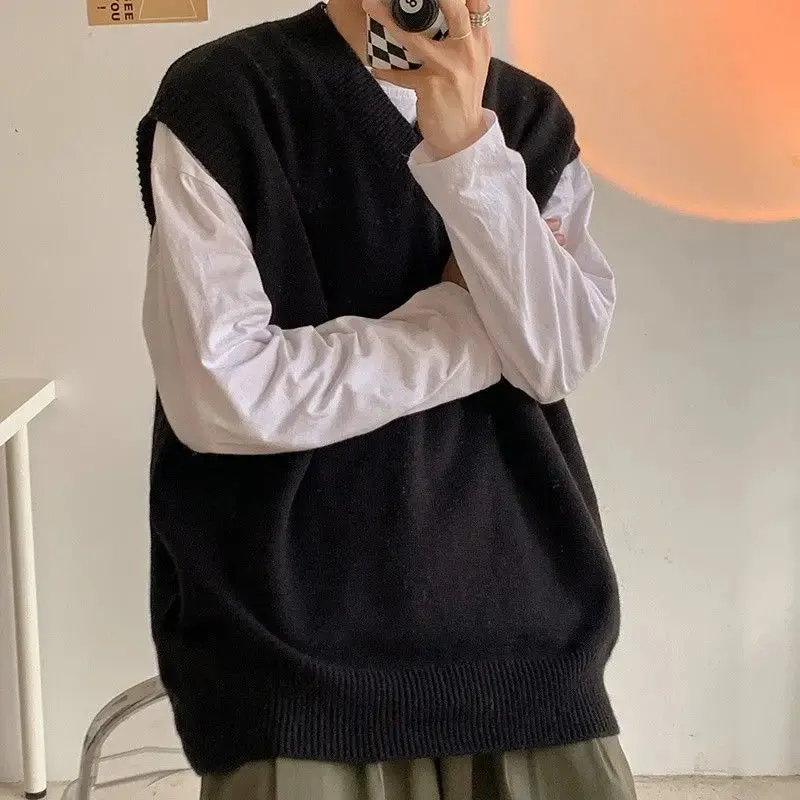 New Korean Fashion V-neck Sweater Vest for Men Casual Loose Knitted Vest Pullover Sleeveless Solid Color Sweater Vest Men