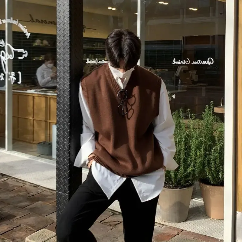 New Korean Fashion V-neck Sweater Vest for Men Casual Loose Knitted Vest Pullover Sleeveless Solid Color Sweater Vest Men