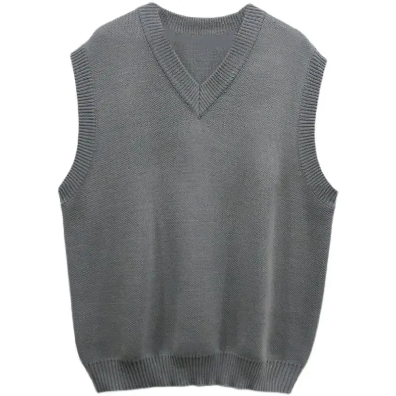 New Korean Fashion V-neck Sweater Vest for Men Casual Loose Knitted Vest Pullover Sleeveless Solid Color Sweater Vest Men