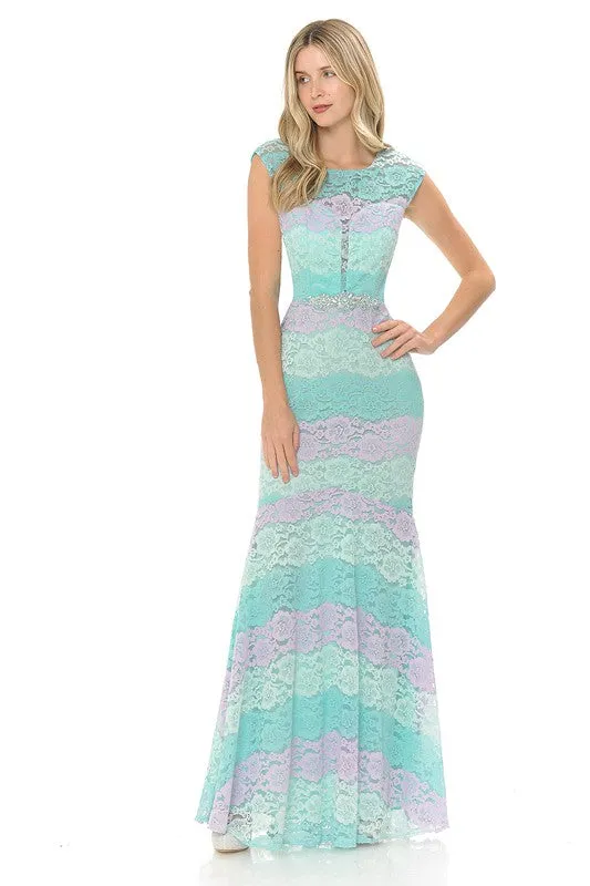 Pink/Mint Sheer Lace Sweetheart Color Block Formal Dress
