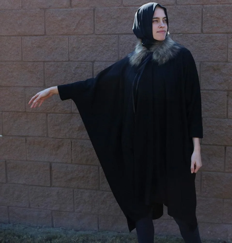 Puane Wool Touch Poncho Coat with Fur 3113 Black
